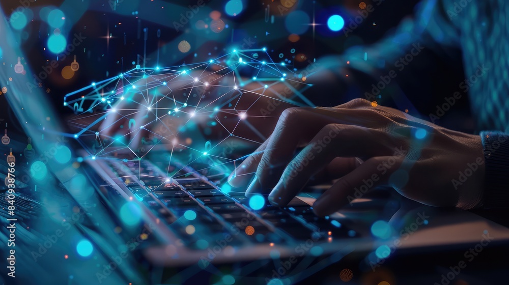 Close-up of a man's hands on a laptop keyboard, researching smart open AI concepts online Close-up of a man's hands on a laptop keyboard, researching smart open AI concepts online