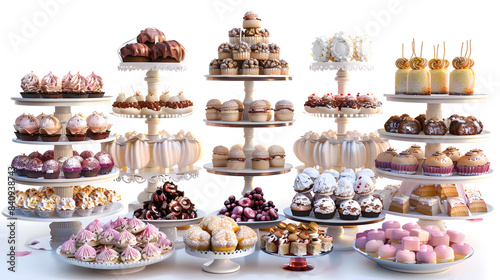 wedding buffet table, event dessert food catering for wedding, party and holiday celebration, cakes, sweets and desserts isolated on white background, hyperrealism, png