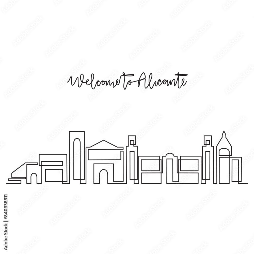 Obraz premium One continuous line drawing of Alicante skyline vector illustration. Modern city in Europe in simple linear style vector design concept. One of big city in Spain. Iconic architectural building design.
