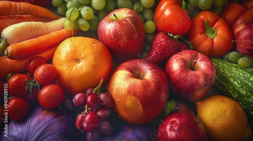 Close-up of ripe  juicy fruits and crisp vegetables arranged in a vibrant  appetizing composition