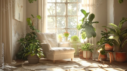 Cozy reading nook bathed in natural light, accentuated by a variety of potted plants and botanical decor