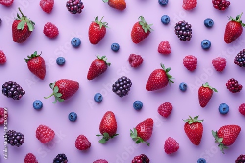 Many different kinds of berries set against a purple backdrop photo