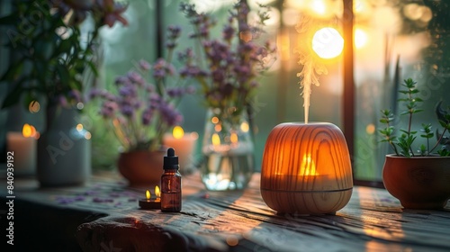 aroma therapy aromatic Essential oil diffuser aroma lamp with herb and oil bottle for cosmetics, spa, health, nature concept 