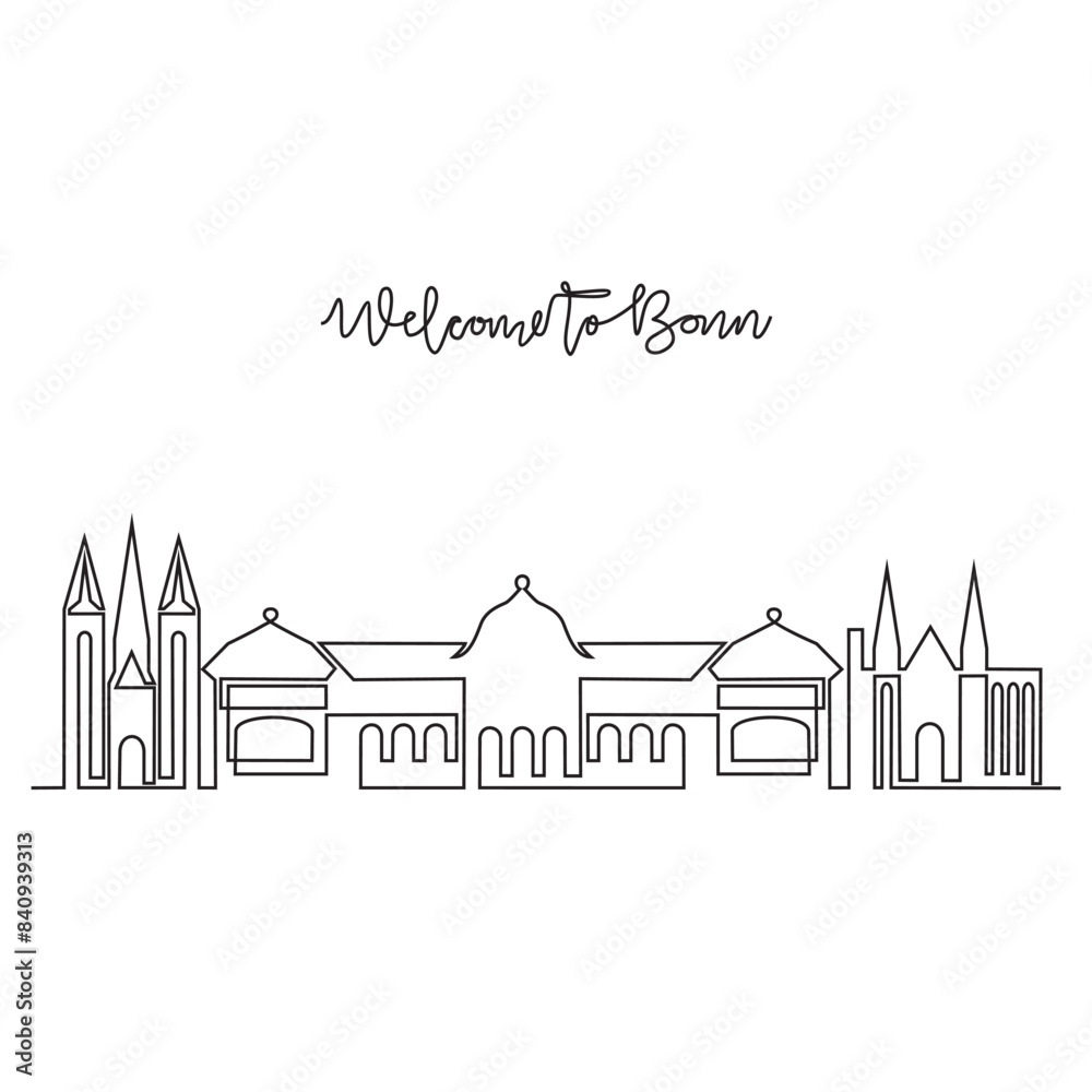 One continuous line drawing of Bonn skyline vector illustration. Modern city in Europe in simple linear style vector design concept. One of big city in Germany. Iconic architectural building design.