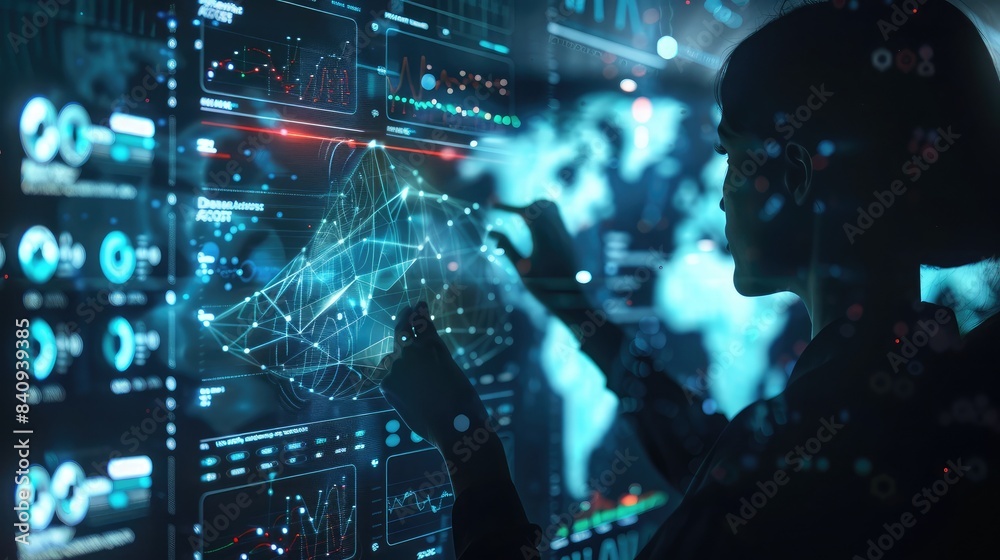 Fototapeta premium Digital graph interface projected onto a glass screen, with a person analyzing the data