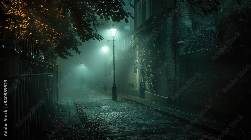 Empty dimly lit street at night, shrouded in darkness and silence Empty dimly lit street at night, shrouded in darkness and silence