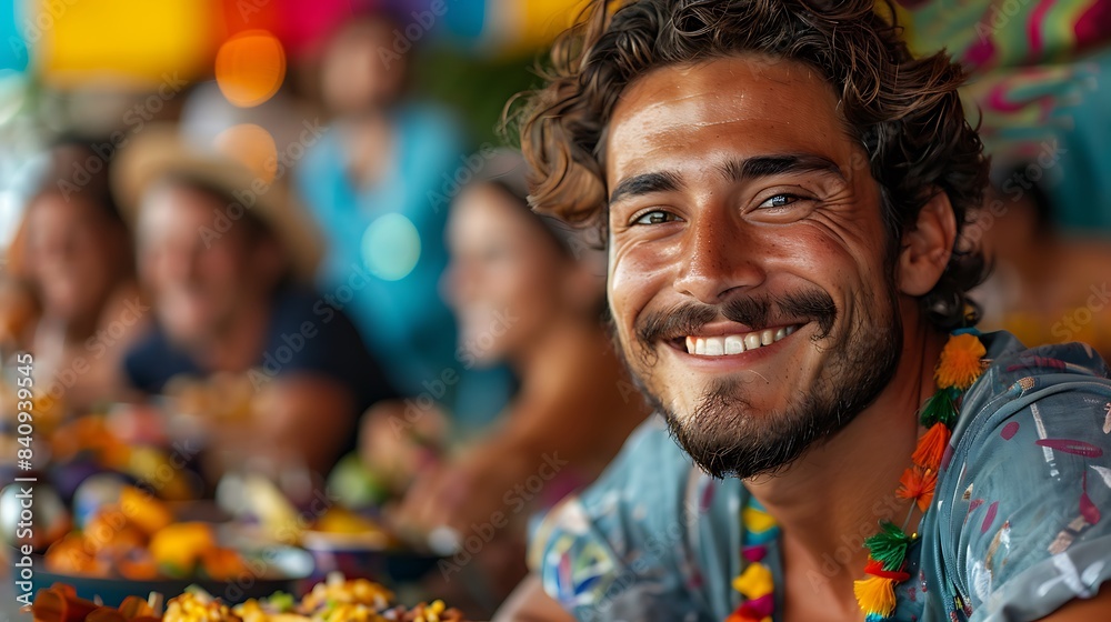 man enjoying a carnival dinner with friends with colorful decorations all around man enjoying a carnival dinner with friends with colorful decorations all around