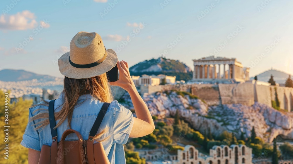 Fototapeta premium Young woman taking photographs with smart phone in Athens with Acropolis at the background. Traveler girl enjoying vacation in Greece. Summer holidays, vacations, travel, tourism, technology concept.
