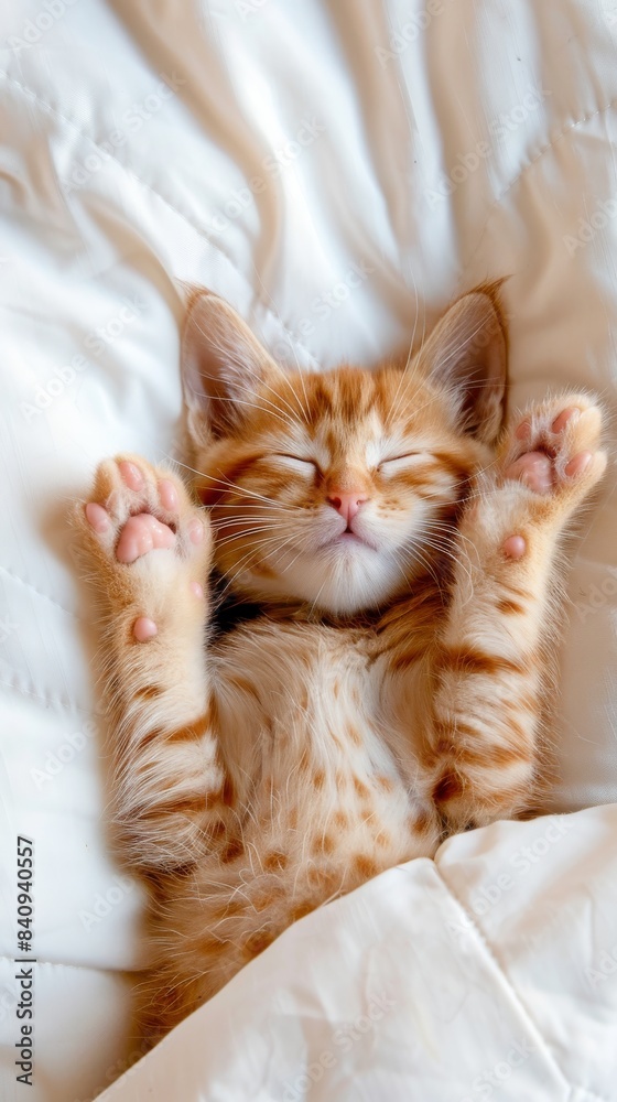 Cute Cat Sleep with Paws Up Relaxing on White Bed Enjoying a Nap. Cute Cat Sleep with Paws Up Relaxing on White Bed Enjoying a Nap.
