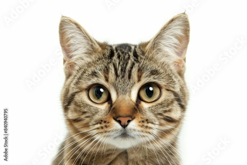 Closeup portrait of a curious tabby cat staring at the camera on a plain white background