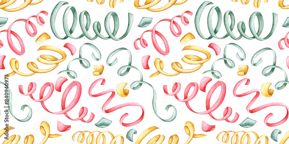 Confetti ribbons in red, yellow and green colors, pattern watercolor illustration. Ideal for party invitations, holiday decorations and holiday designs, adding a bright and playful touch.