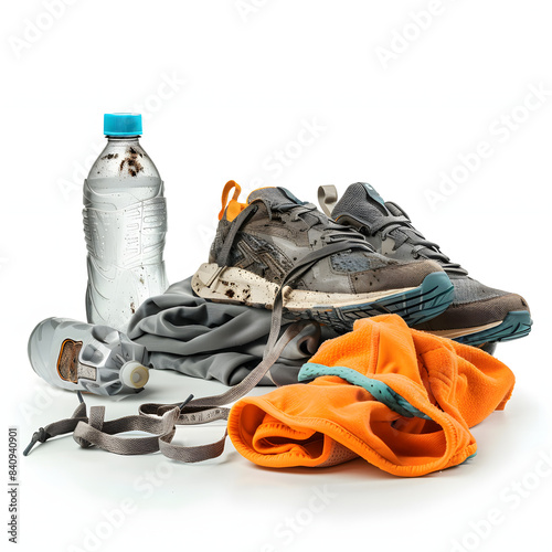 dirty running shoes and workout gear on floor after exercise isolated on white background, hyperrealism, png