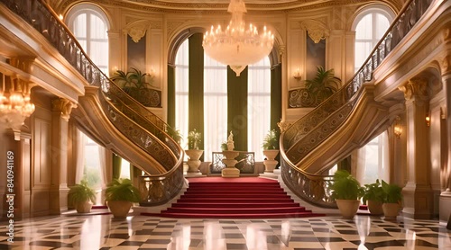Grand elegant staircase with red carpet in the luxurious palace interior