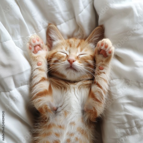 Cute Cat Sleep with Paws Up Relaxing on White Bed Enjoying a Nap.