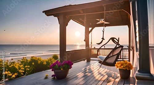 Terrace with lounge chairs on the front porch with sea views in the distance