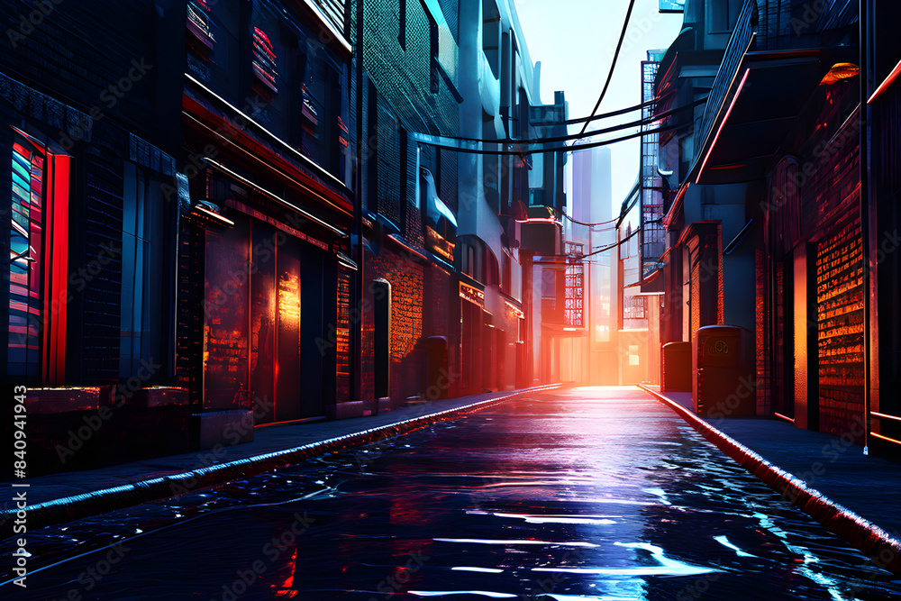 Fototapeta premium Hyperrealistic urban alley with walls that appear to be made of moving water.