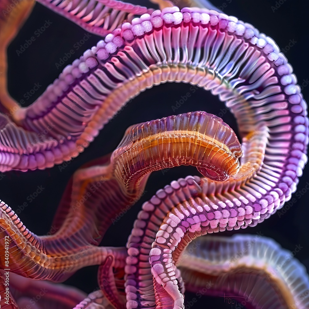 Close-up view of bull tapeworm scolex. Parasitic worm with hooks and suckers. Parasitology, helminth, disease-causing, microscopic concept