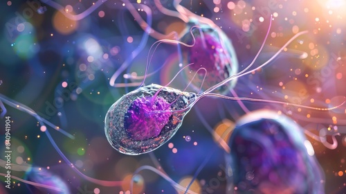 Microscopic view of multiple Giardia lamblia organisms. Protozoan parasites with flagella. Parasite, microbiology, disease-causing, protozoa concept photo