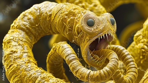 Microscopic view of bull tapeworm with a visible mouth. Parasitic worm with sharp teeth. Parasitology, helminth, pathogen, disease-causing concept