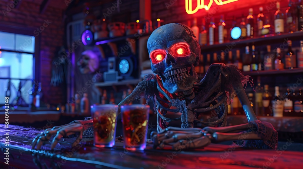 Skeleton at a bar with neon lights. Concept of Halloween decor, nightlife entertainment, eerie atmosphere Skeleton at a bar with neon lights. Concept of Halloween decor, nightlife entertainment, eerie atmosphere