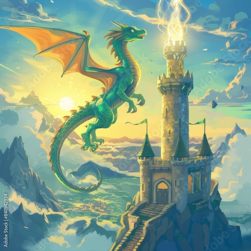 In the background, a castle is visible behind a dragon flying over a mountain