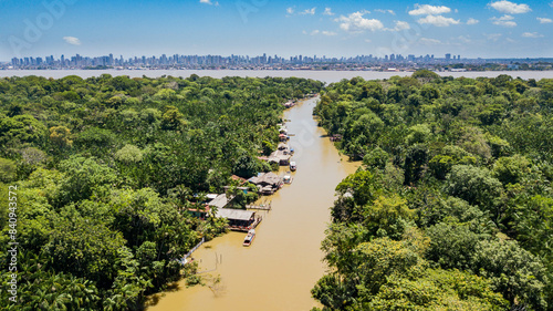 Aerial view of Combu Island in Belém, Pará. Restaurants in the middle of the Amazon streams