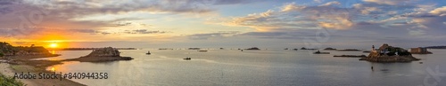 Sunset at Plage Tahiti and lighthouse on the Ile Louet and Chateau du Taureau, Carantec, Departement Finistere, France, Europe photo