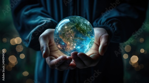 A person is holding a glowing sphere that appears to be a planet