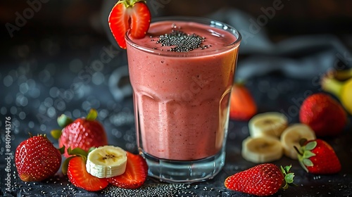 refreshing strawberrybanana smoothie served in a glass with strawberry and banana slices cut out on an isolated simple minimalist background photo