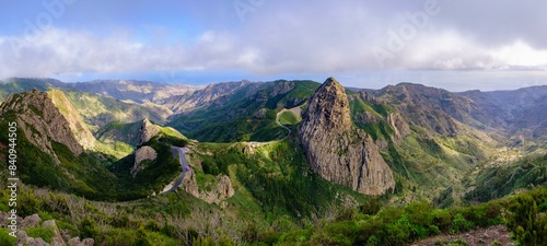 Panorama with the mountains Roque de Ojila, Roque de la Zarcita and Roque de Agando, Monumento Natural de los Roques, La Gomera, Canary Islands, Spain, Europe