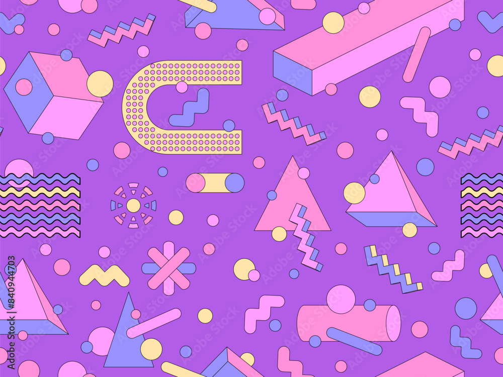 Memphis geometric seamless pattern with 3D shapes in 80s and 90s style ...