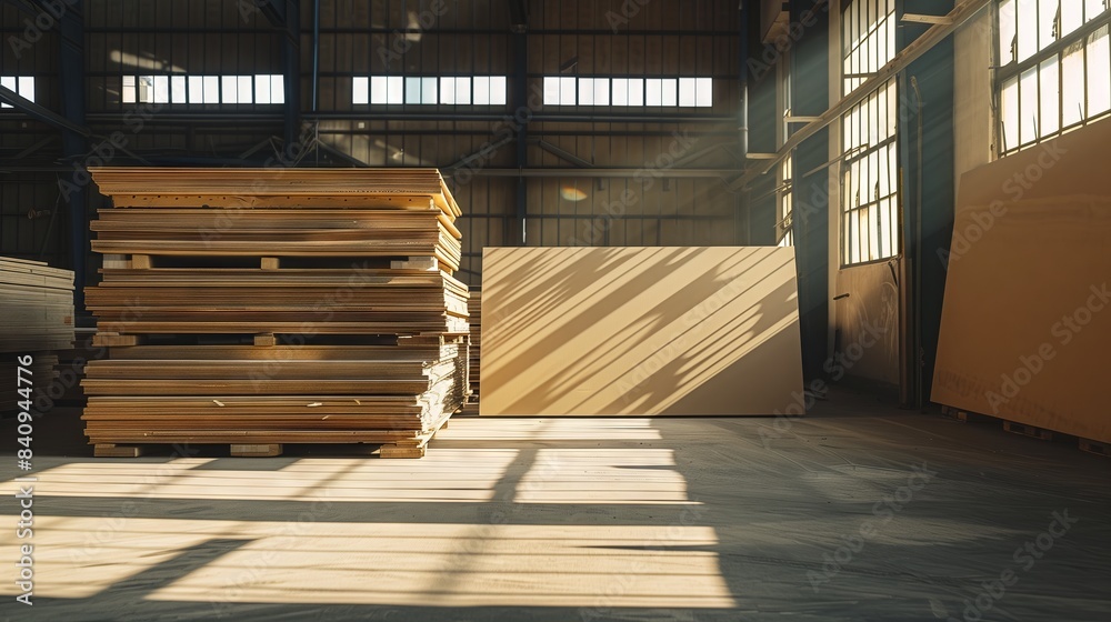 In a warehouse, stacked MDF boards stand neatly as sunlight casts picturesque shadows. Anticipation fills the air. In a warehouse, stacked MDF boards stand neatly as sunlight casts picturesque shadows. Anticipation fills the air.