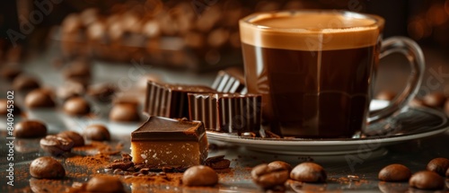 Chocolate Praline with Coffee Beans on Dark Background, Indulgent Sweet Treat, Delicious Snack © Funk Design