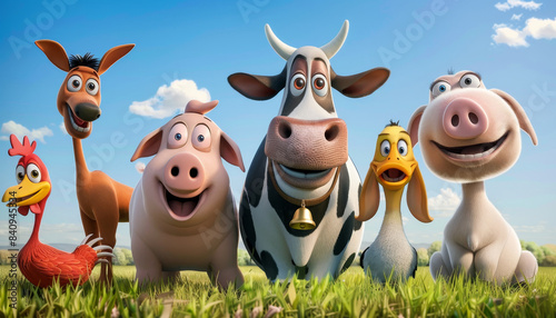 Group of cartoon farm animals including a cow, pig, and chicken. Concept of fun and farm life by AI generated image