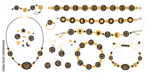 Jewelry set. Colorful handmade bracelets, earrings, rings, necklaces with plastic beads. Vector illustration in flat style