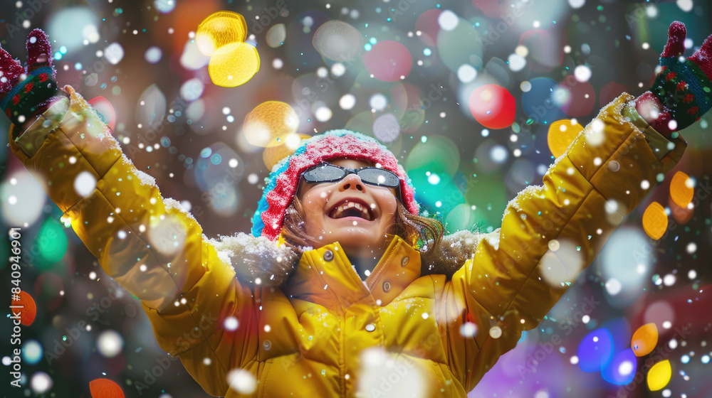 A young child, wearing a yellow winter coat and a colorful hat, smiles widely as they stand in the falling snow, surrounded by twinkling holiday lights