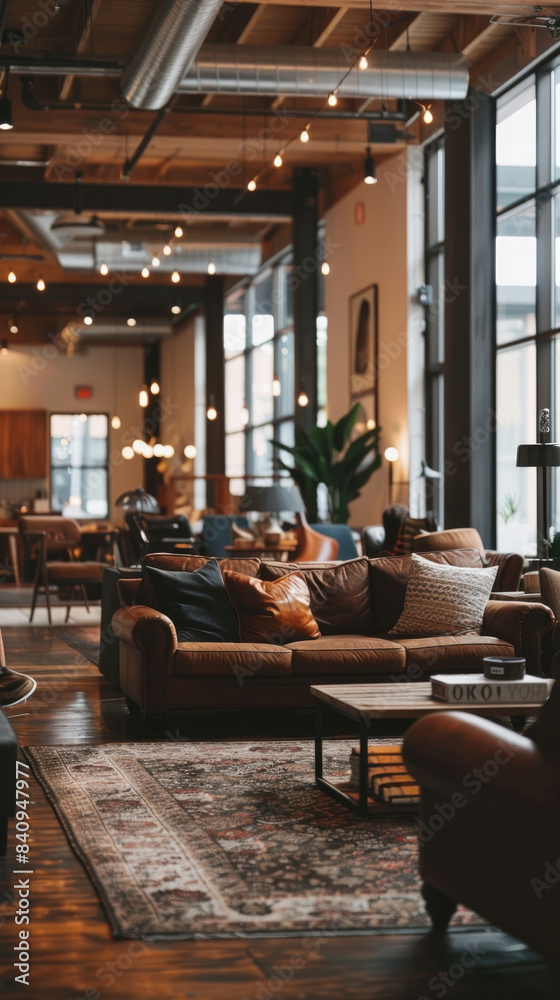Fototapeta premium A modern loft interior with exposed beams and large windows, featuring a brown leather sofa with pillows, a wooden coffee table, and a patterned rug