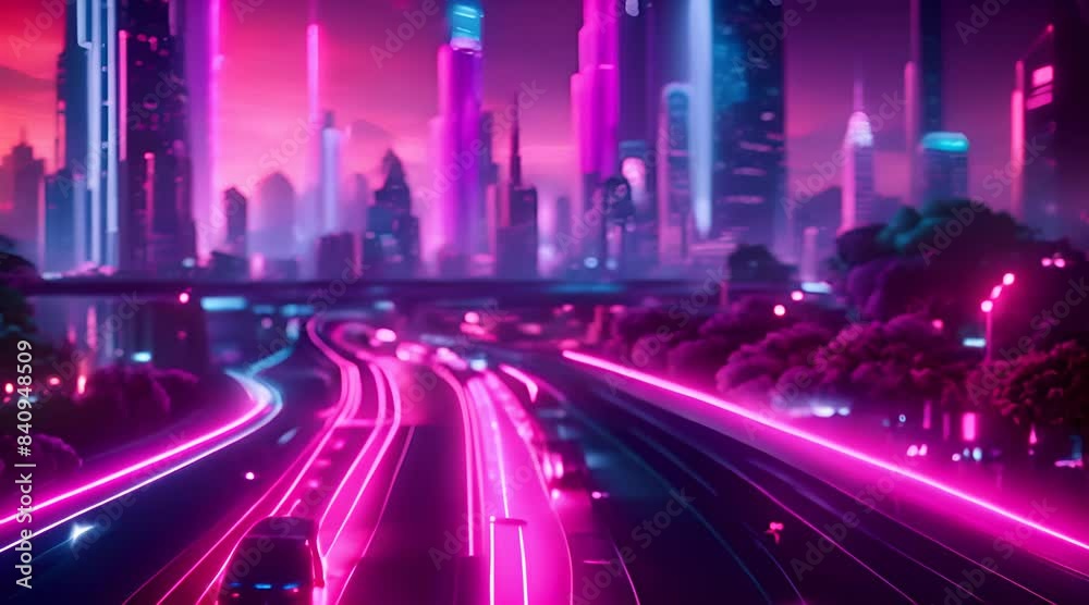 Futuristic skyscraper with neon pink and blue sparkles Futuristic skyscraper with neon pink and blue sparkles