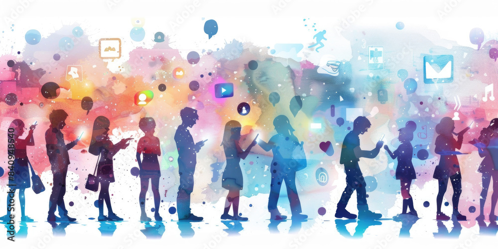 Illustration depicts silhouettes of people looking at smartphones and engaging in social media with colorful watercolor backgrounds and various social media icons floating around them