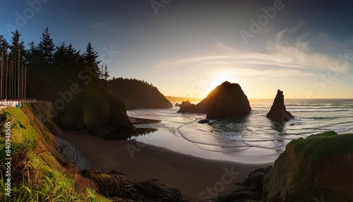 panorama of secret beach in oregon during a sunset photo