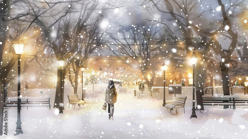 A woman walks through a snow-covered park at night, with streetlights casting a warm glow on the snowy ground and trees