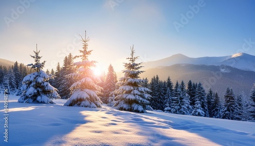winter fir tree christmas scene with sunlight