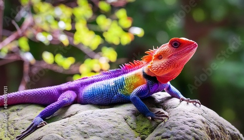 multicolored agama lizard on a rock in the forest photo