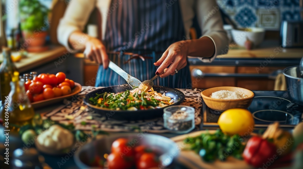 A vibrant kitchen scene: a person experiments with a new recipe, ingredients spread out, creativity in the air. A vibrant kitchen scene: a person experiments with a new recipe, ingredients spread out, creativity in the air.
