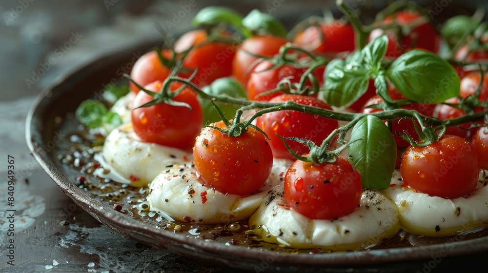 Mozzarella and tomatoes. Dark grey background. Mozzarella and tomatoes. Dark grey background.