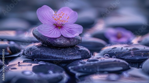 Tranquil Zen Spa Stones with Purple Flower for Relaxation and Wellness