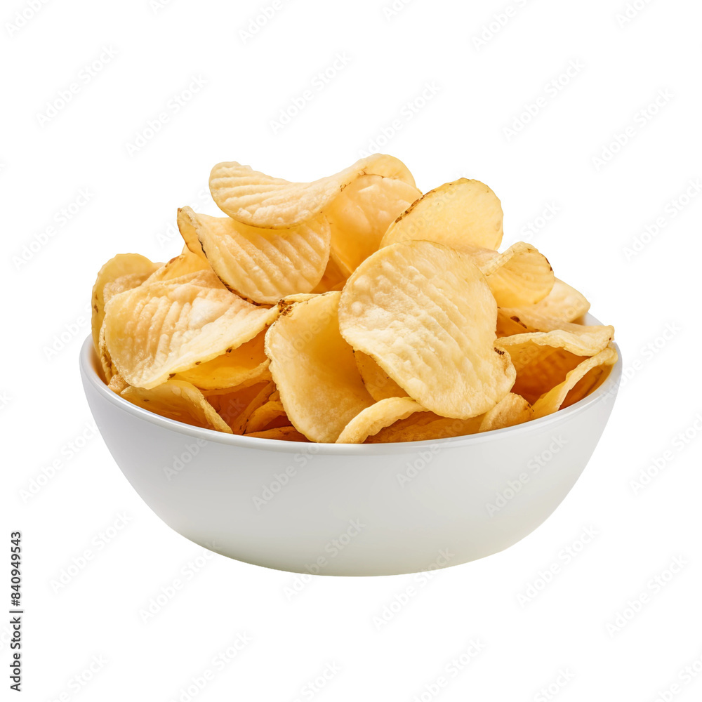 pottato chips on a white bowl on an isolated white background pottato chips on a white bowl on an isolated white background