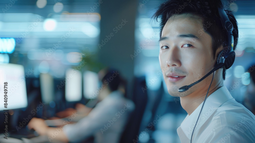 Happy young male customer support executive working in office. young man using a headset and computer in a modern office. Happy young male customer support executive working in office. young man using a headset and computer in a modern office.