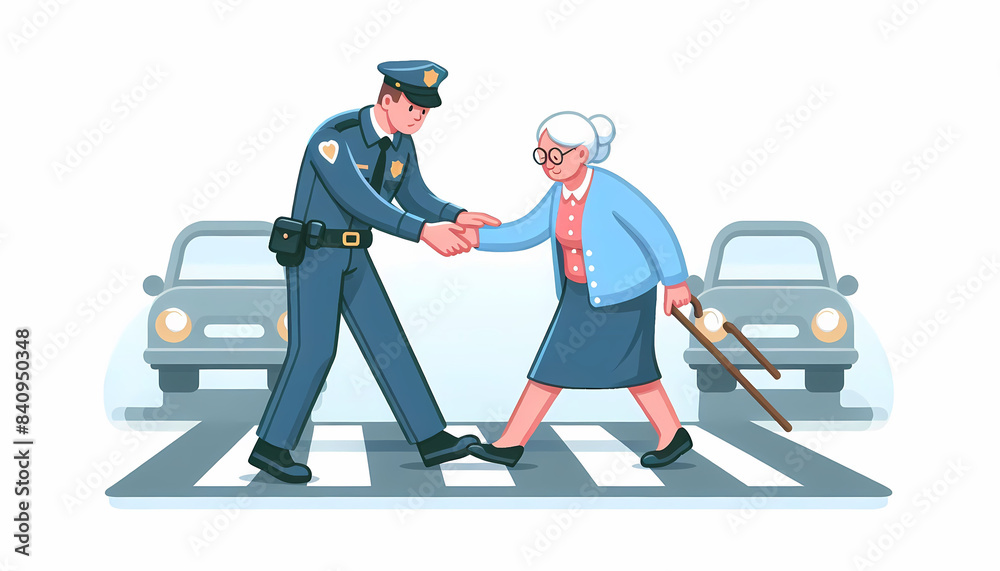 Police Officer Assists Elderly Woman At Pedestrian Crossing