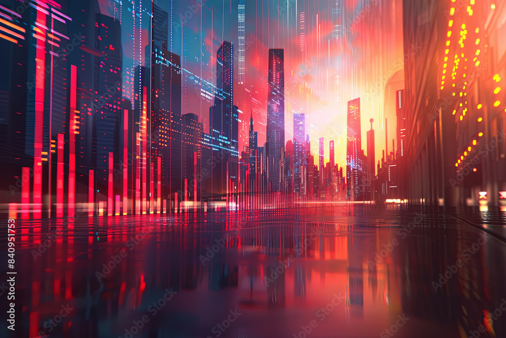 Fototapeta premium Futuristic Neon Cityscape with Tall Buildings and Light Trails